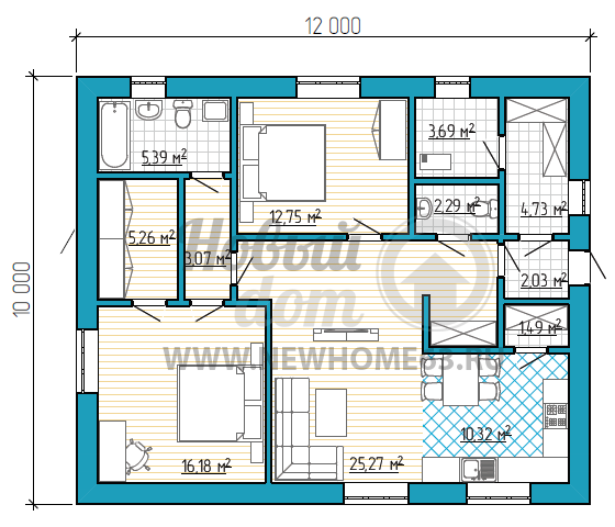 Большой коттедж площадью около 100 квадратных метров с двумя спальными комнатами,большой кухней-гостиной и вспомогательными помещениями