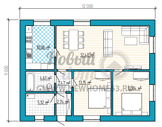 Планировка коттеджа 9 на 12 с отдельной кухней, объединенной столовой и просторной гостиной, с двумя спальными комнатами.