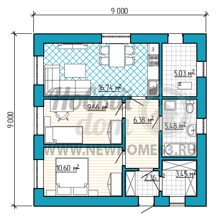 Планировка частного дома 9 на 9 метров с двумя небольшими спальными.
